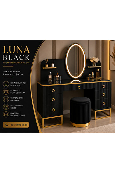 Genel Markalar LUNA BLACK Premium LED Aynalı Makyaj Masası Siyah Gold 5 Çekme...