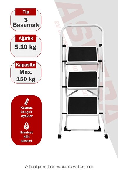 ASVERA Space 3 Basamaklı Ev Tipi Metal Merdiven - Katlanır Geniş Kaymaz Mutfa...
