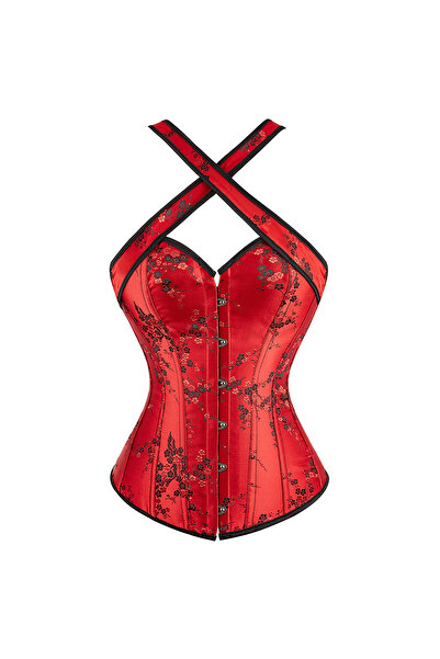 HD Red Halter Neck Jacquard Corset Bustier - Coquette Vintage Romance Model