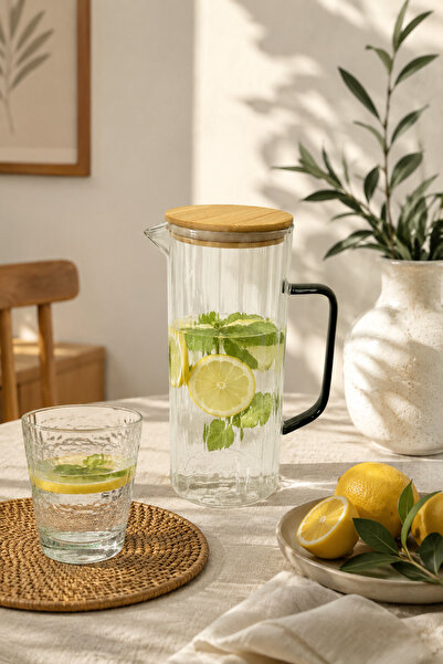 Fhilli Lime - Çizgili Borosilikat Cam Sürahi 1,4 L Bambu Kapaklı Şeffaf Su ve...
