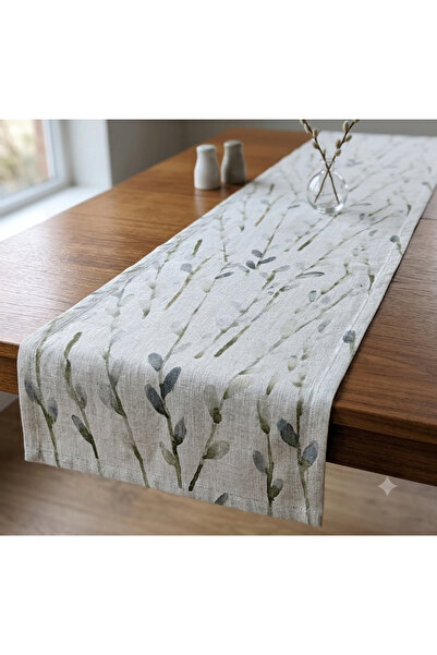 Fabric by Gülçin KETEN PAMUKLU DOKU KUMAŞ YEŞİL-EKRU PASTORAL YAPRAKLAR RUNNER