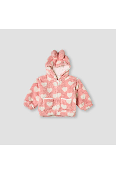 Juniors Heart Print Hooded Jacket with Zip Closure and Pockets