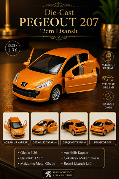 craftivio Peugeot 207 Turuncu Die-Cast Metal Model Araba 1:36 Ölçek 12 cm Çek...