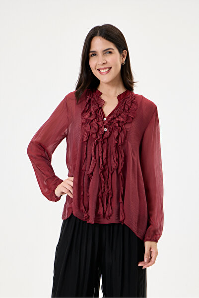 della moor Burgundy Italian Front Ruffled Collar Buttoned Lined Silk Blouse 3...