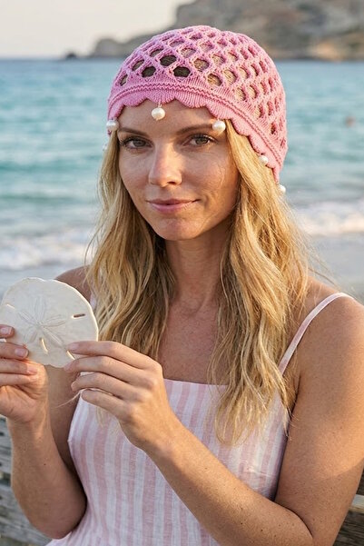 CAŞ DEKORASYON Pink Color Pearl Mesh Knitted Hair Bandana Hat