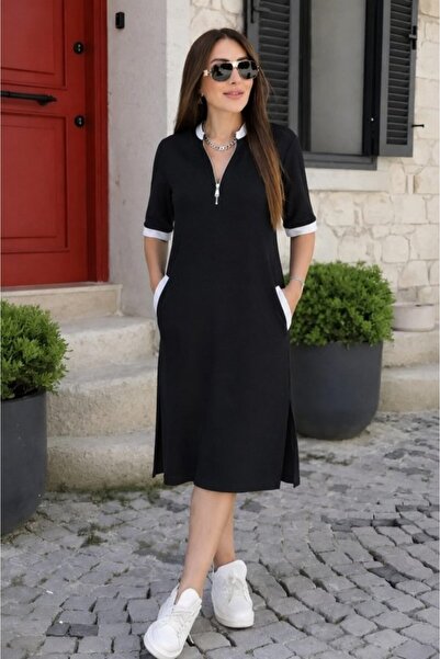 civetta Women's Short Sleeve V-Neck Zipper Pocket Side Slit Viscose Dress