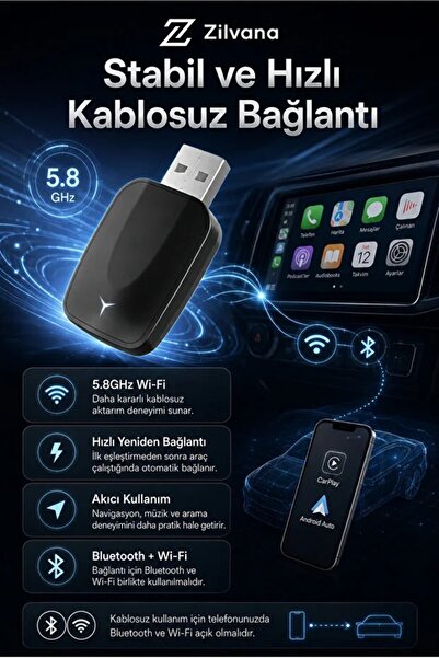 FORTİCO CarPlay Kablosuz dönüştürücü Android Auto Mini 2in1 USB Wireless Carp...