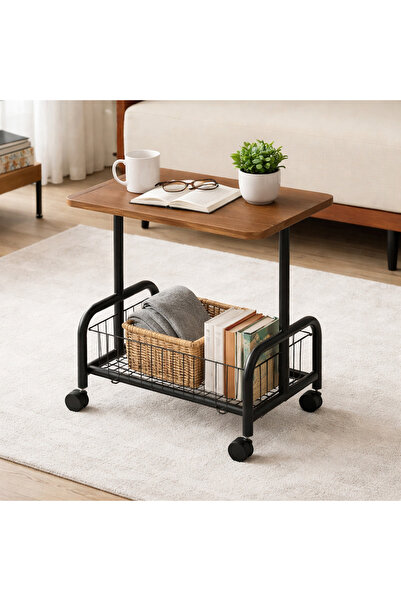 Vivendo Masuta laterala tip coffee table, carucior mobil cu blat si rafturi m...