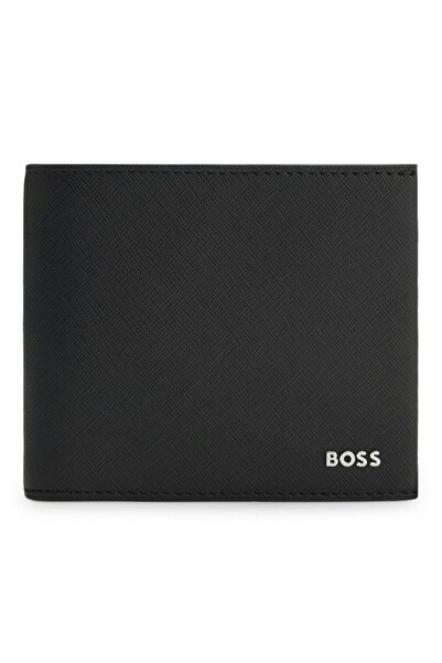 BOSS Erkek Metalik Logo Detaylı Nakit Para Bölmeli Deri Siyah Cüzdan
