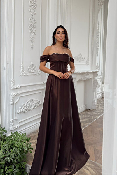 Sindimoda İlsu Kayık Yaka Taş İşleme Saten Abiye 1208