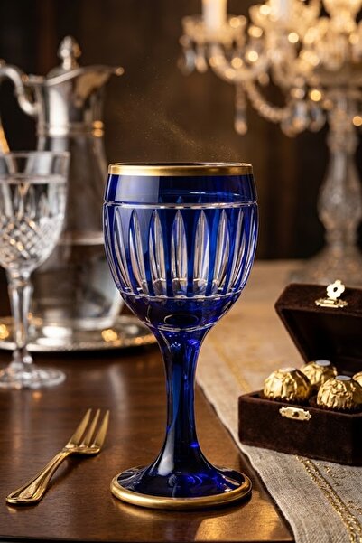 DECOSTYLE Decorated Gold Blue Glass Goblet – Set of 6 Coffee Side Serving Gla...
