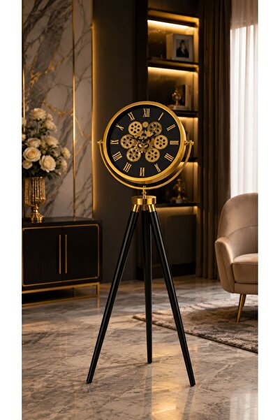 Muyika Design Çarklı Duvar Saati Siyah Tripod Ayaklı 150cm Gold Metal Kasa Mu...