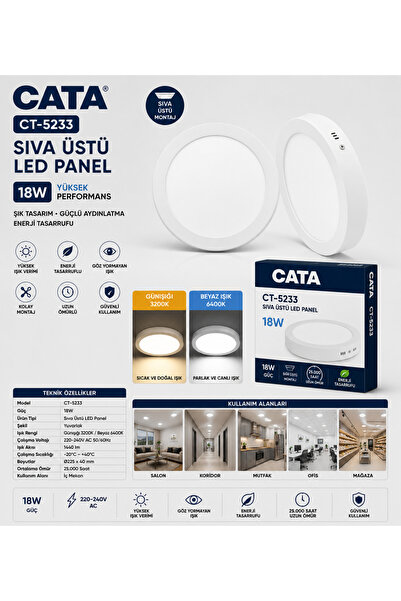 Cata CT-5233 Sıva Üstü LED Panel 18W Yuvarlak Günışığı 3200K / Beyaz 6400K LE...