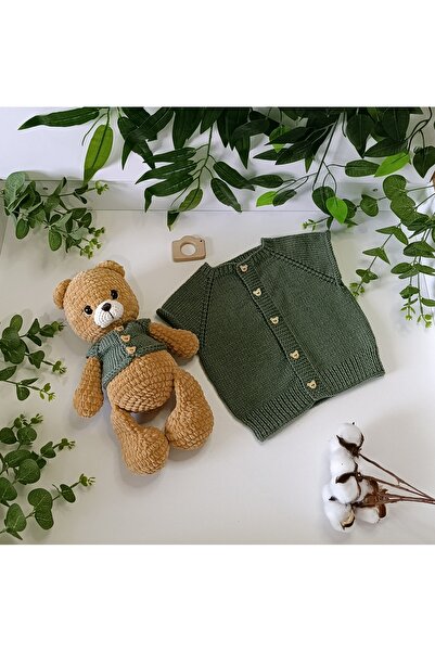 BABY CHEST طقم كارديجان محبوك يدويًا مع دمية دب