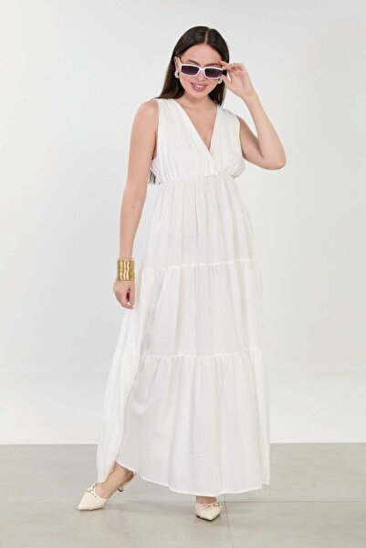 BARRELS AND OIL Women's V-Neck Thick Strap Long Dress - White