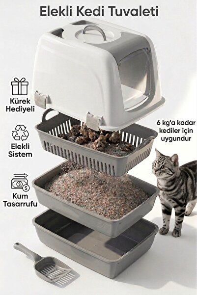 Kurtbay Şekil Flex Elekli Kedi Tuvaleti, 50x37,5x40 cm, XL boy, Kum küreği he...