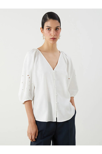LC Waikiki White V-Neck Embroidered Balloon Sleeve Blouse