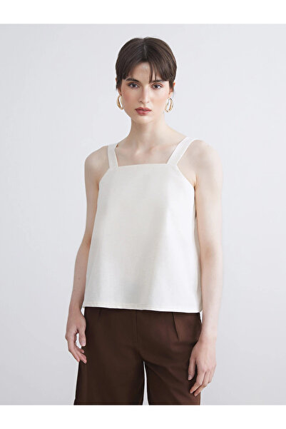 LC Waikiki Beige Square Collar Strappy Linen Blend Blouse