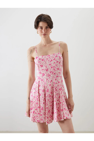 LC Waikiki Pink Square Neck Floral Modal Blend Mini Strap Dress