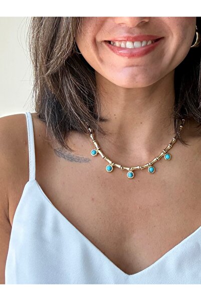 Merishe Jewerly Gold Blue Beaded Bone Stainless Steel Necklace