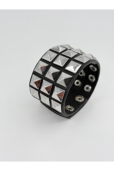 4.cm üç sıralı piramitli metalci punk gotik tarzı bilekilk 20 cm