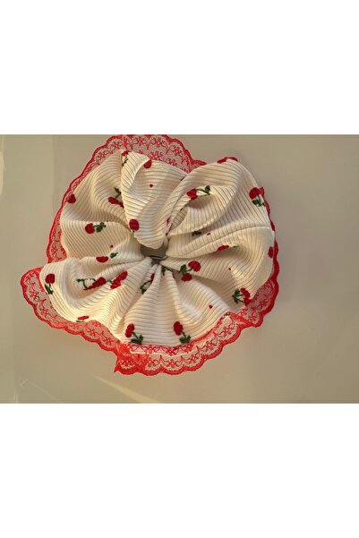 OIA Atelier Large Cherry White Red Lace Detailed Lace Scrunchie Elastic Hair Tie