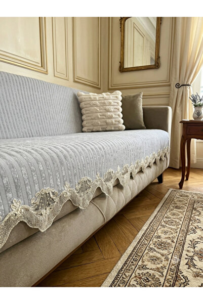 DAHABELLA LUXE HOME Velvet Lace Sofa Cover - Protective and Non-Slip Base wit...