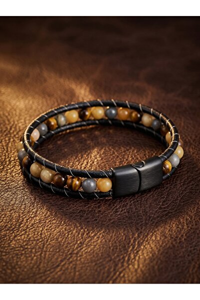 Parmas Design Yemen Agate Leather Cord and Steel Bracelet 6mm Men's Gift 01802