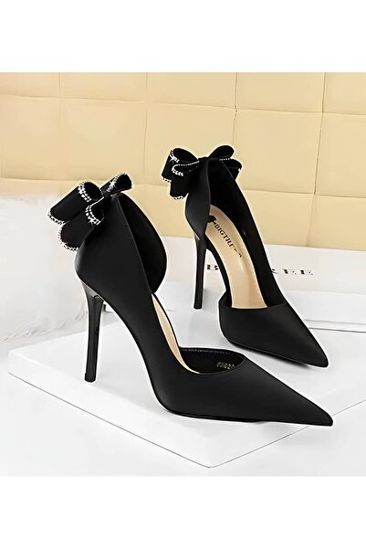 1way Black Stiletto Shoes with Rhinestone Bow at the Back
