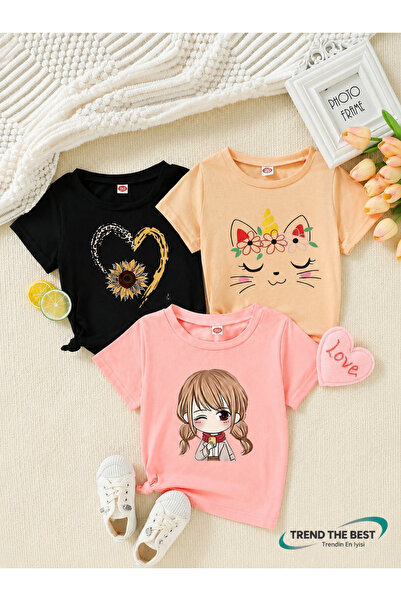 TREND THE BEST Trendin En İyisi Set de tricouri din 3 piese pentru fete, cu i...