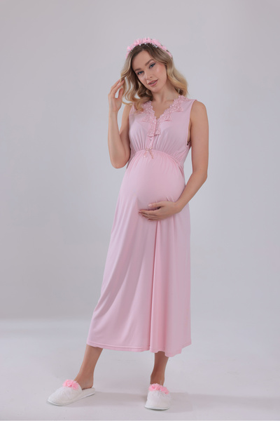 Yulem Homewear قميص نوم قطني للحوامل بتصميم دانتيل مزين بالخرز