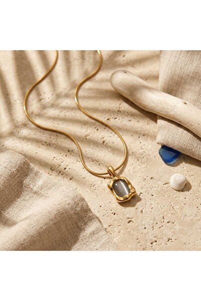 MITH SB TAKI Stainless Steel Beige Stone Vintage Necklace 40+5 cm |   Gold Wo...