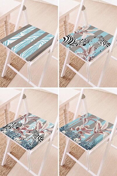 Home Set of 4 Tropical Leaf and Zebra Patterned Turquoise Gray Lace-Up Chair ...