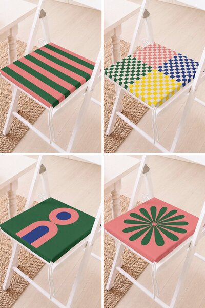 Home Set of 4 Geometric Patterned and Colorful Striped Lace-Up Chair Cushions