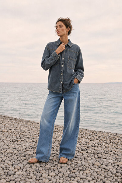 Safari Kadın Oversize Kot Gömlek Çift Cepli Denim Gömlek Uzun Kollu