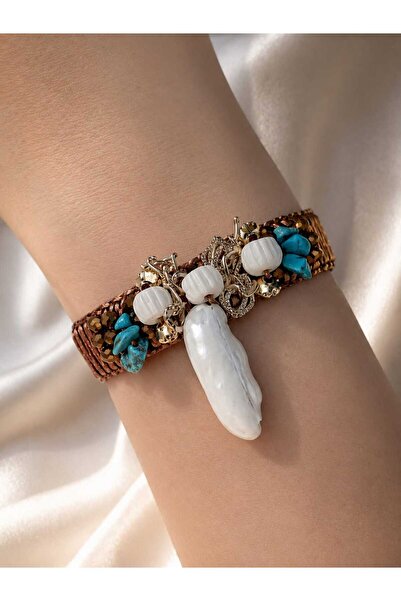 ORENDAJEWELRY Doğal Taşlı Deri Bileklik | Turkuaz ve Detaylı Makrome El İşçil...