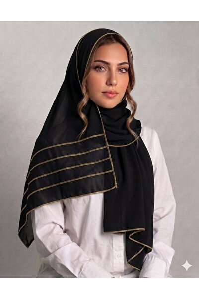 Veil Designer طرحه بوال اسود قماش ياباني طبقتين تحديد ذهبي علي الطرفين لاستخد...