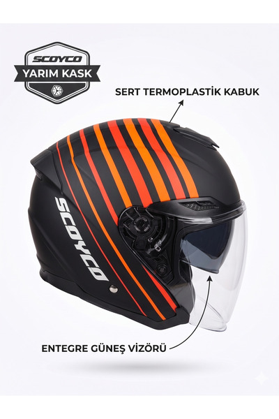 EKİPMANHANE X34 YARIM MAT SİYAH TURUNCU ÇİZGİLİ İNTERKOM UYUMLU GÜNEŞ VİZÖRLÜ...