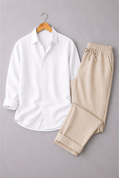 beuivo Men's Linen Textured Oversize Shirt & Sofia Linen Loose Fit Trousers C...