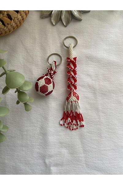 Handmade KUM BONCUK EL İŞİ KIRMIZI BEYAZ TİLKİ KUYRUĞU VE TOP ANAHTARLIK