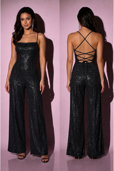 Lolipop Butik Odetta Simli Işıltılı Sırtı İpli Palazzo Kesim Tulum
