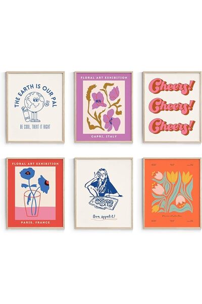 ESSESORIES Cute Girls Colorful 70s Aesthetic Poster Wall Art Set of 6 Room De...
