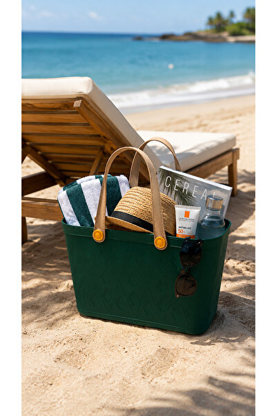 İndecor Houseware Deri Görünümlü Çok Amaçlı Kulplu Plastik Organizer Sepet Deniz Çantası Plaj Çantası, Piknik Sepeti, Dekoratif Sepet