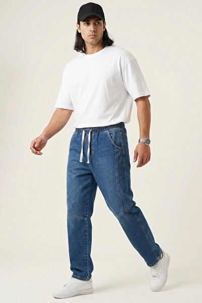 Merterium Men's Relaxed Fit Baggy Jean Trousers 1524 - Navy Blue