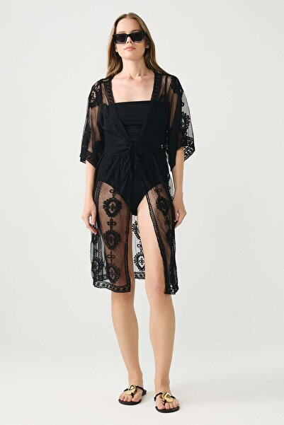C&City Bohemian Embroidered Front Tie Long Beach Dress Black