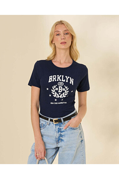 REDTAG Women Navy Graphic Ribbed T-Shirt