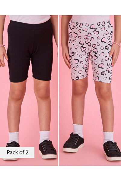 REDTAG Girls Grey and Black And Ribbed Cycling Shorts Set