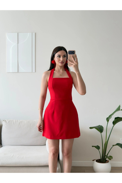 Zoom Butik Boyundan Askılı Kare Mini Elbise - KIRMIZI
