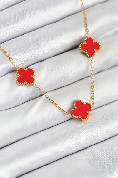ALKASAZ 316L Steel Chain Gold Red Color Clover Women's Necklace