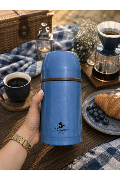 Penguen Çift Kat Paslanmaz Çelik Termos 800 ml Mavi – Mama, Çay, Kahve İçin S...
